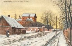 Lubieszow. Street scene with catholic monastyr. Painted by W. Partke