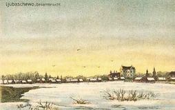 Lubieszow. Total view with catholic and russian ortodox church. Painted by W. Partke. 